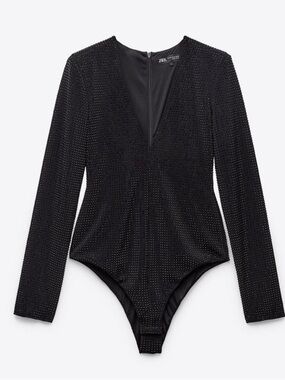 ZARA Black Rhinestone-Embellished Long Sleeve Bodysuit